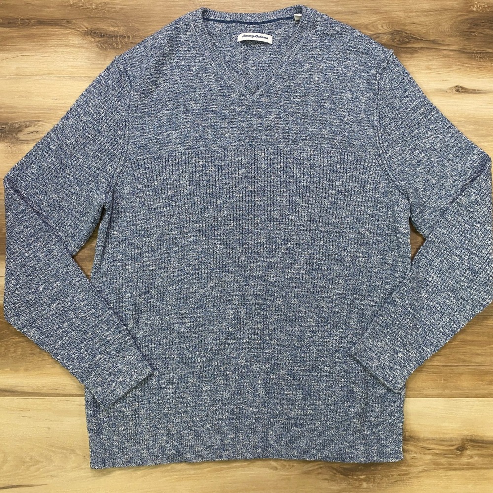 Tommy Bahama V-Neck Sweater XL Blue Marl Knit Cotton Pullover T419339
